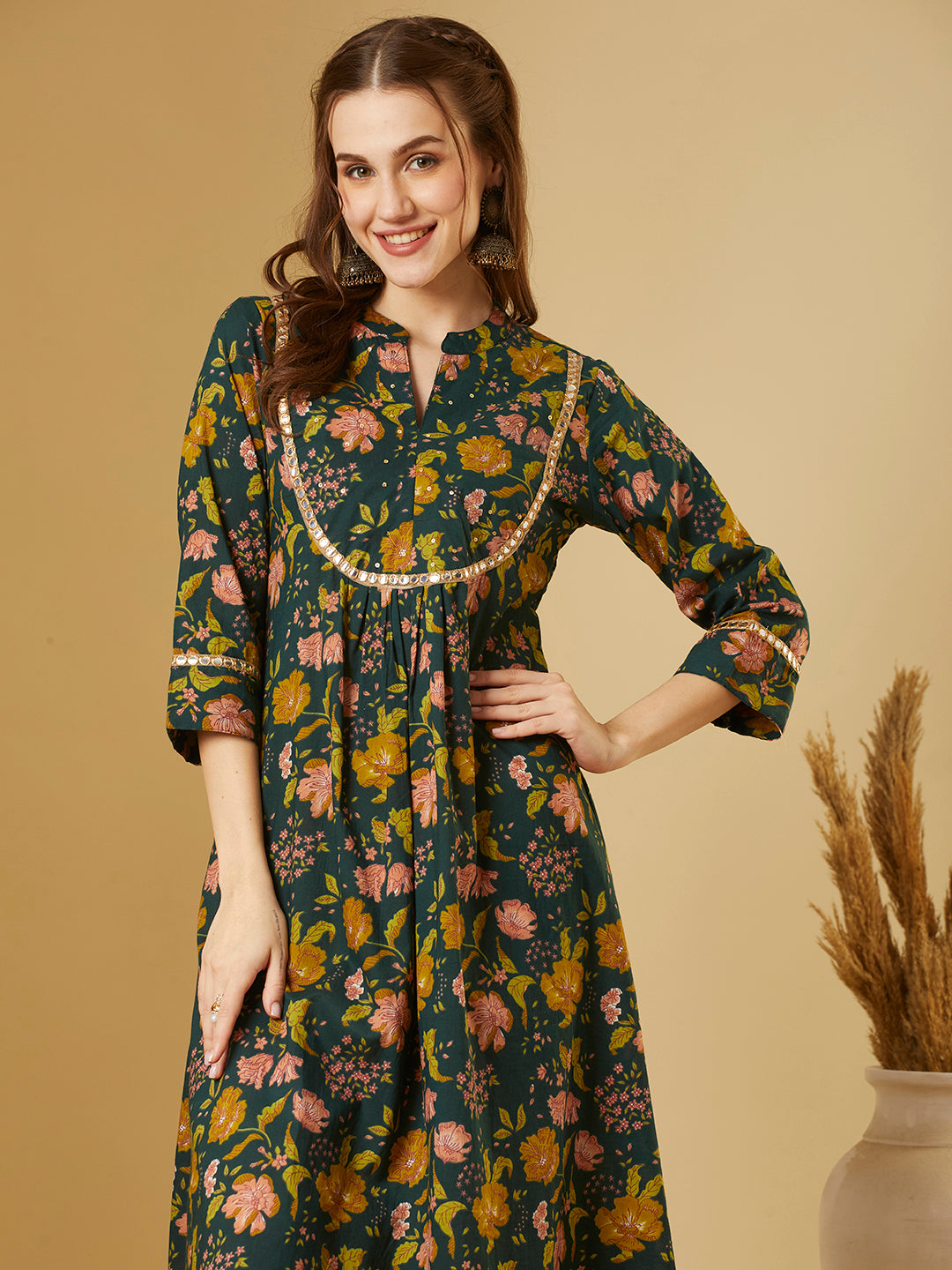 Ethnic Floral Printed A-Line Pleated Flared Kurta - Green