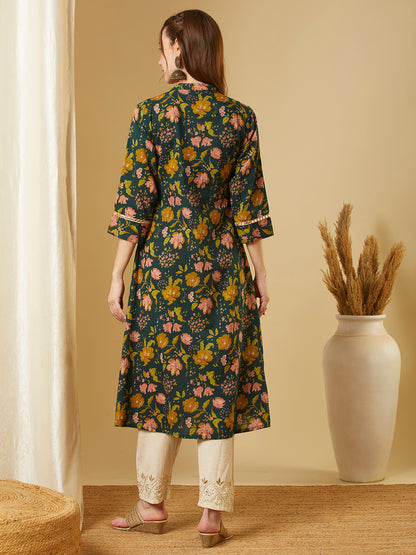 Ethnic Floral Printed A-Line Pleated Flared Kurta - Green