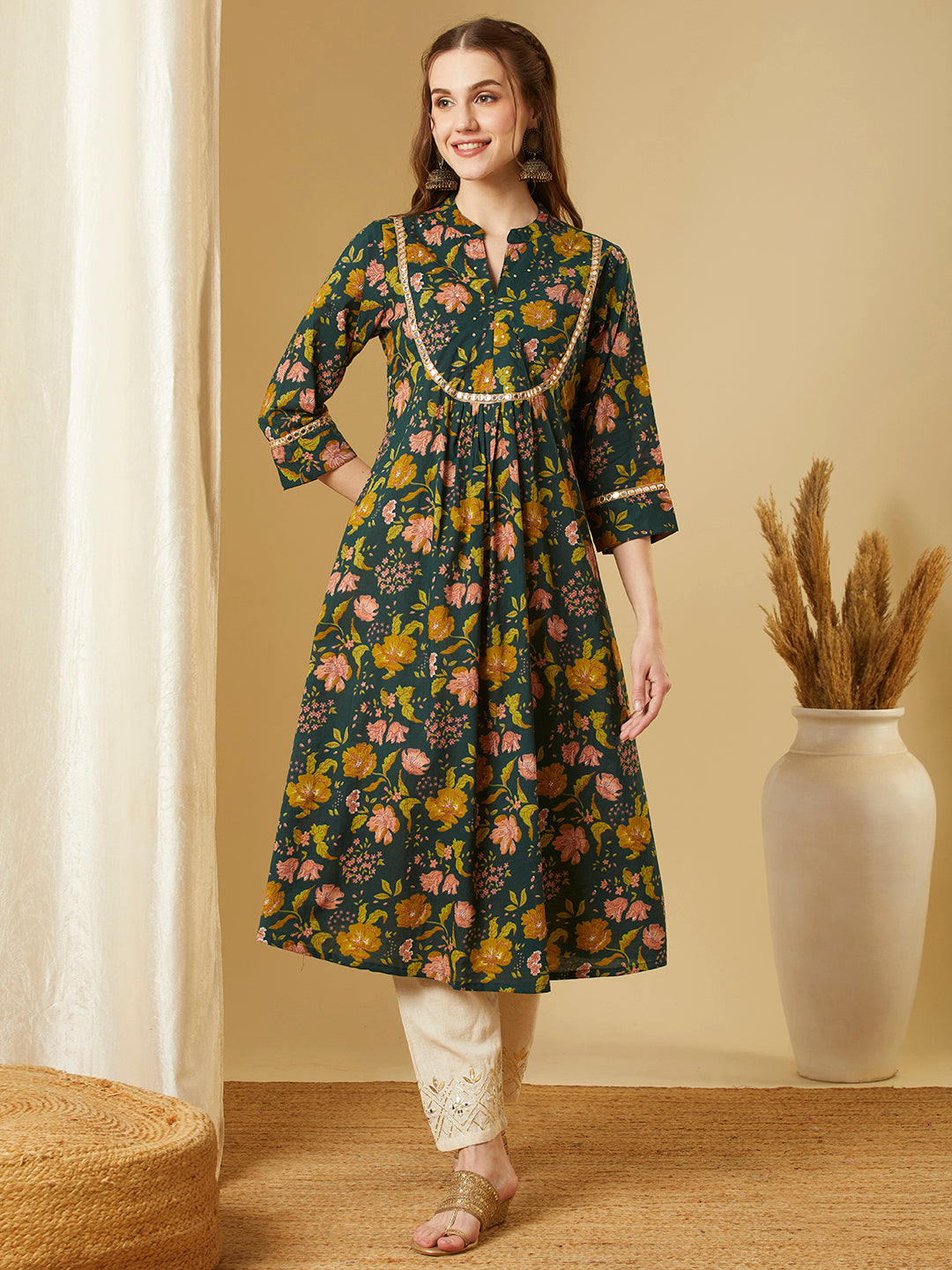 Ethnic Floral Printed A-Line Pleated Flared Kurta - Green