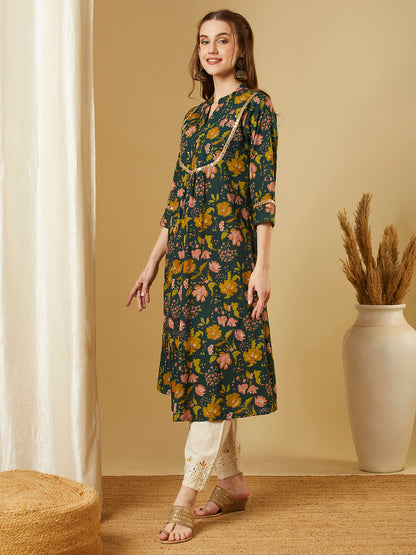 Ethnic Floral Printed A-Line Pleated Flared Kurta - Green