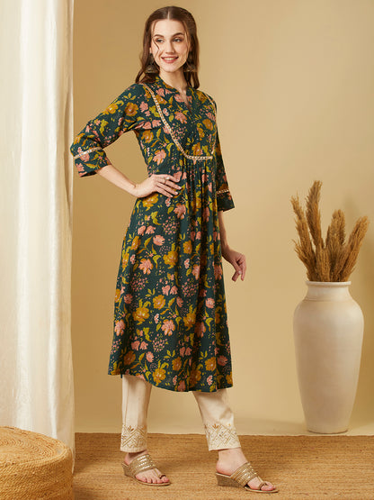 Ethnic Floral Printed A-Line Pleated Flared Kurta - Green