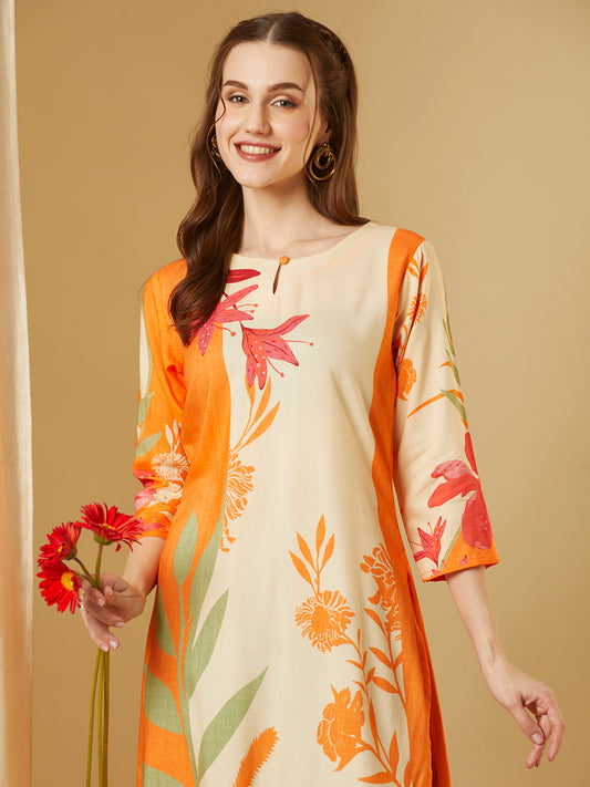 Abstract Floral Printed Straight Fit Kurta - Orange