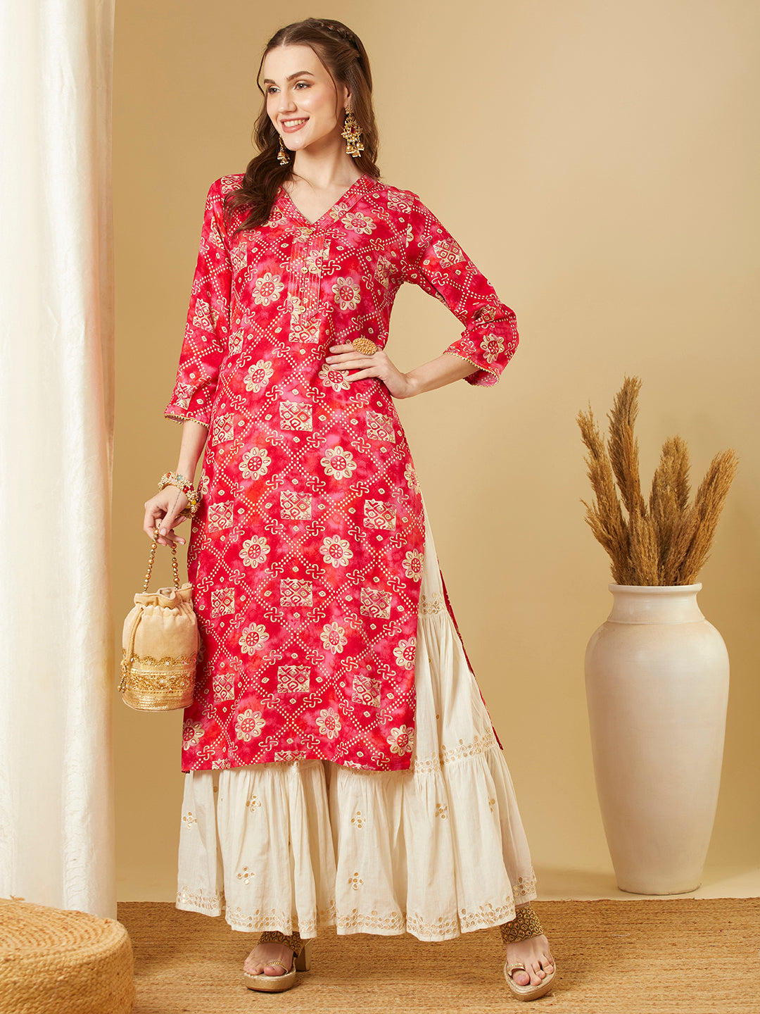 Ethnic Floral Foil Printed Straight Fit Kurta - Pink