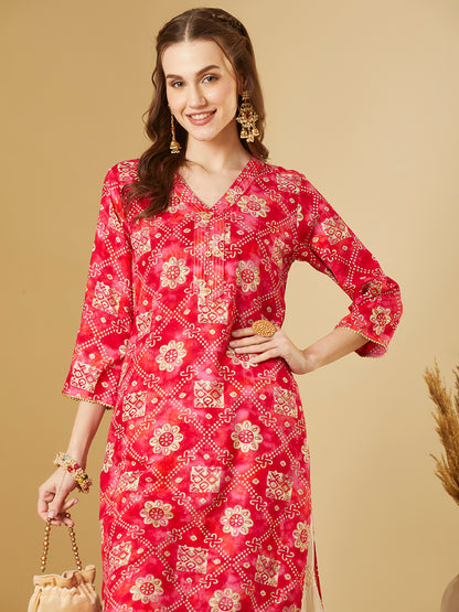 Ethnic Floral Foil Printed Straight Fit Kurta - Pink