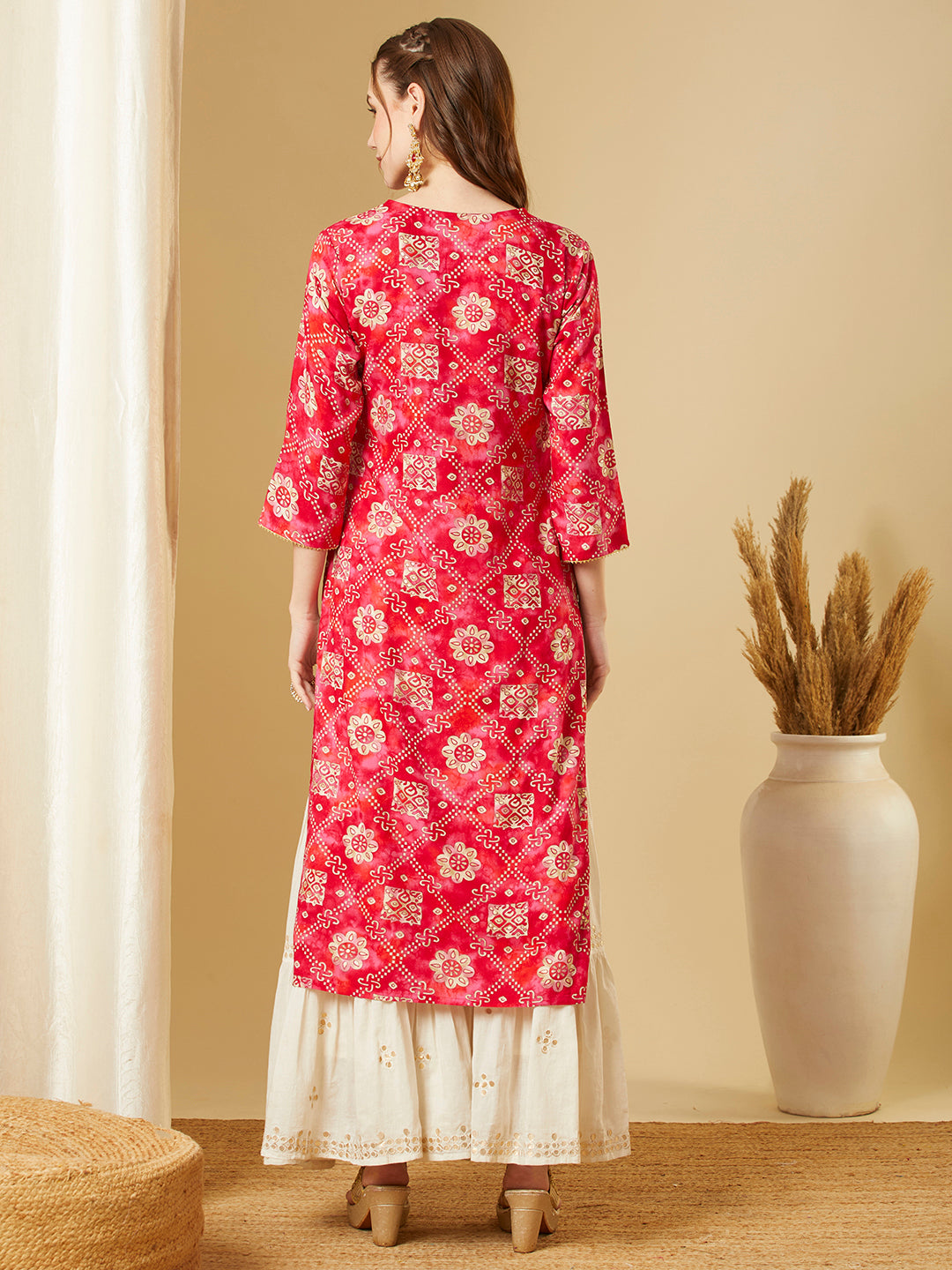 Ethnic Floral Foil Printed Straight Fit Kurta - Pink