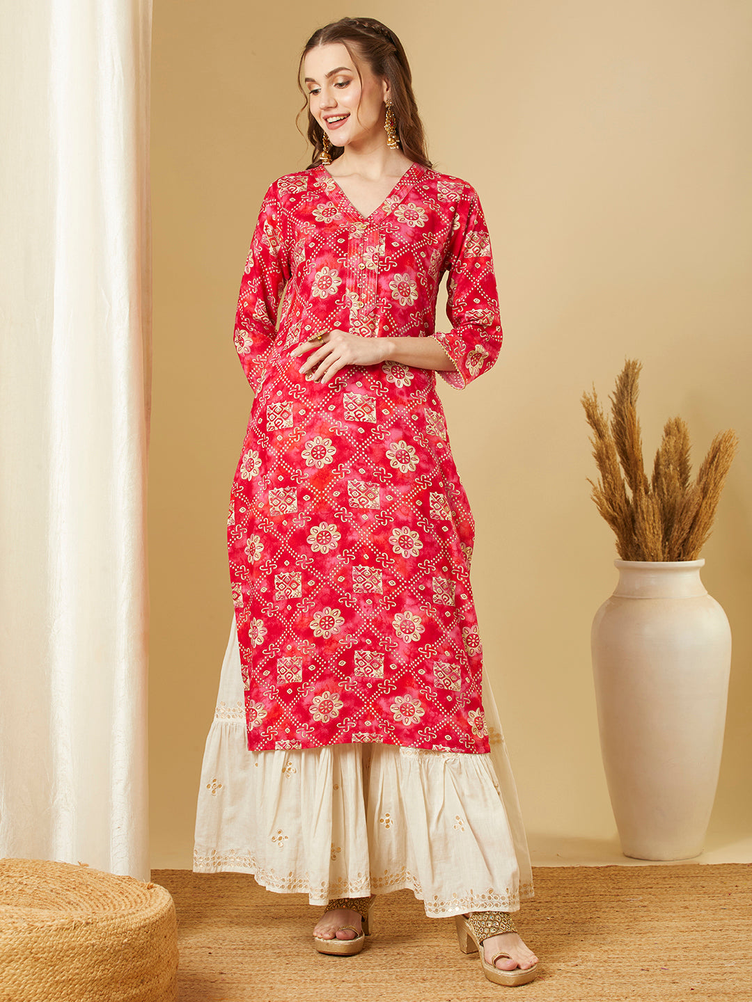 Ethnic Floral Foil Printed Straight Fit Kurta - Pink