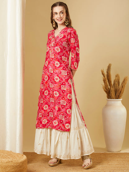 Ethnic Floral Foil Printed Straight Fit Kurta - Pink