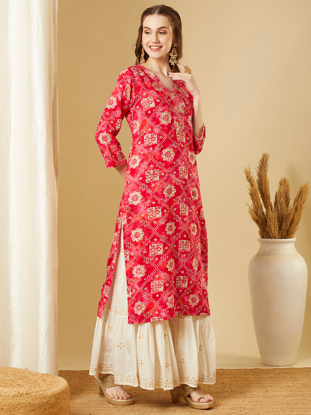 Ethnic Floral Foil Printed Straight Fit Kurta - Pink