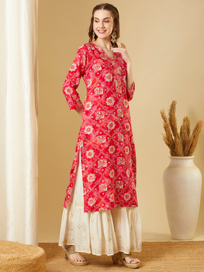 Ethnic Floral Foil Printed Straight Fit Kurta - Pink