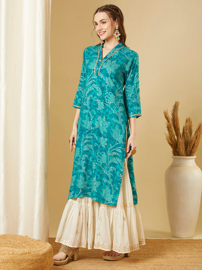 Bandhani Floral Printed Straight Fit Kurta - Turquoise Blue