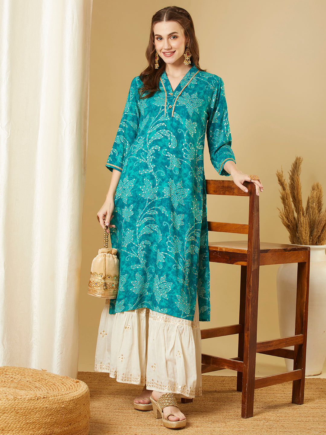 Bandhani Floral Printed Straight Fit Kurta - Turquoise Blue