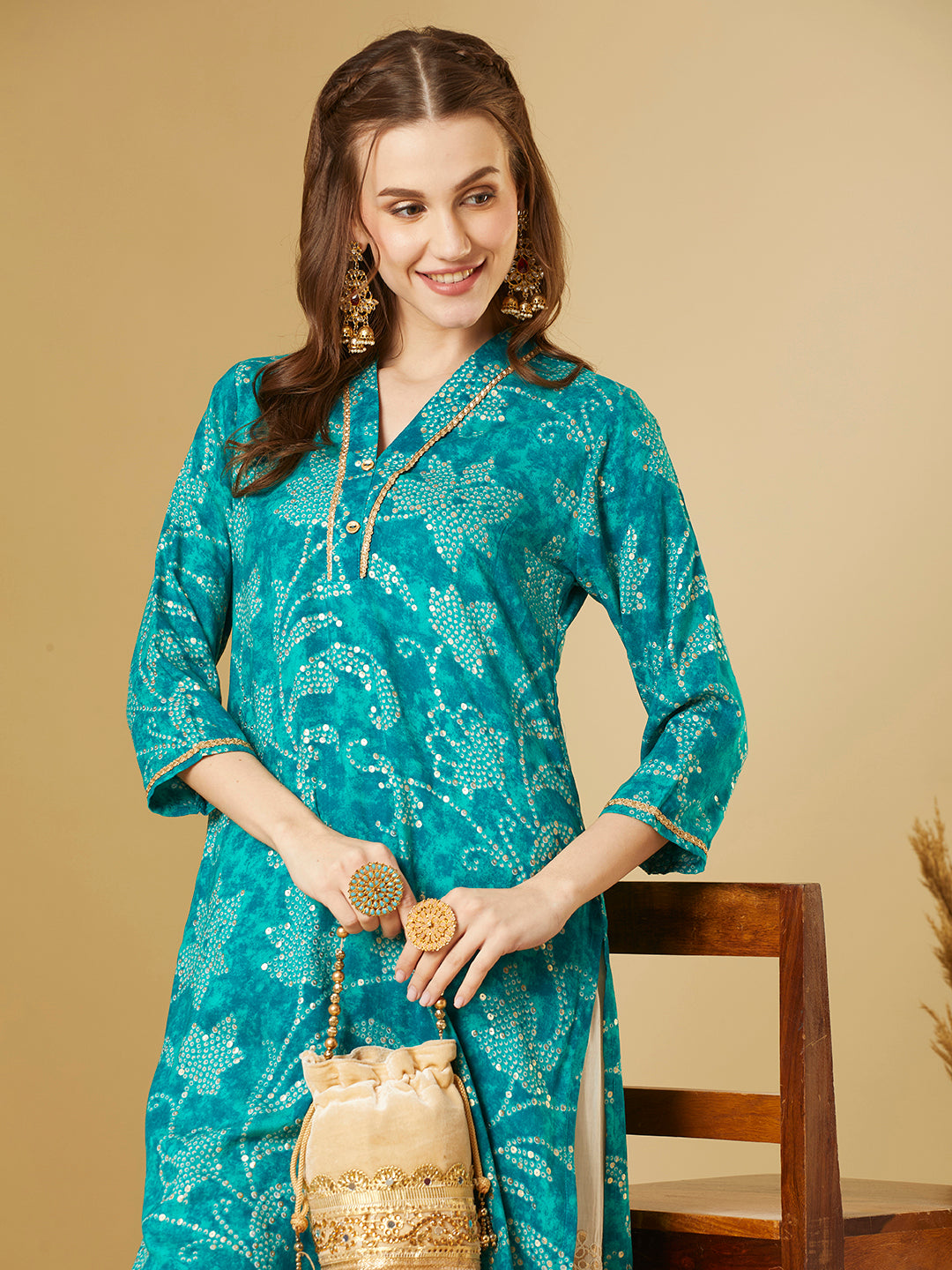 Bandhani Floral Printed Straight Fit Kurta - Turquoise Blue