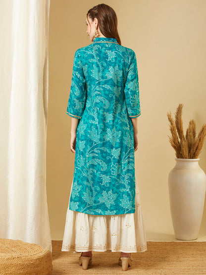 Bandhani Floral Printed Straight Fit Kurta - Turquoise Blue