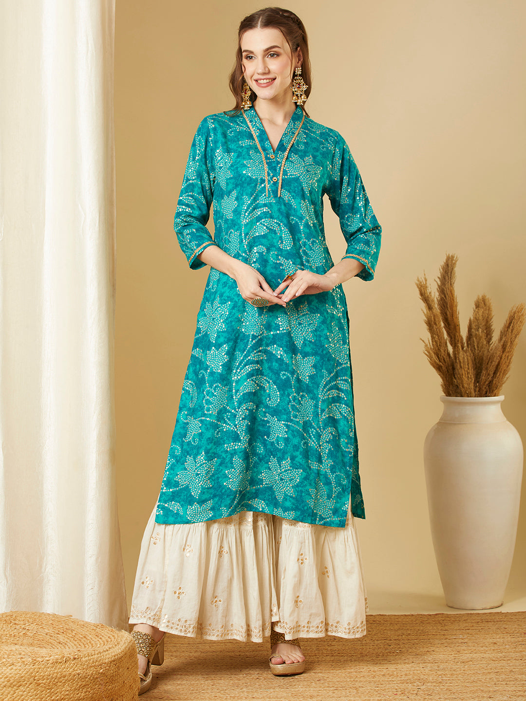 Bandhani Floral Printed Straight Fit Kurta - Turquoise Blue