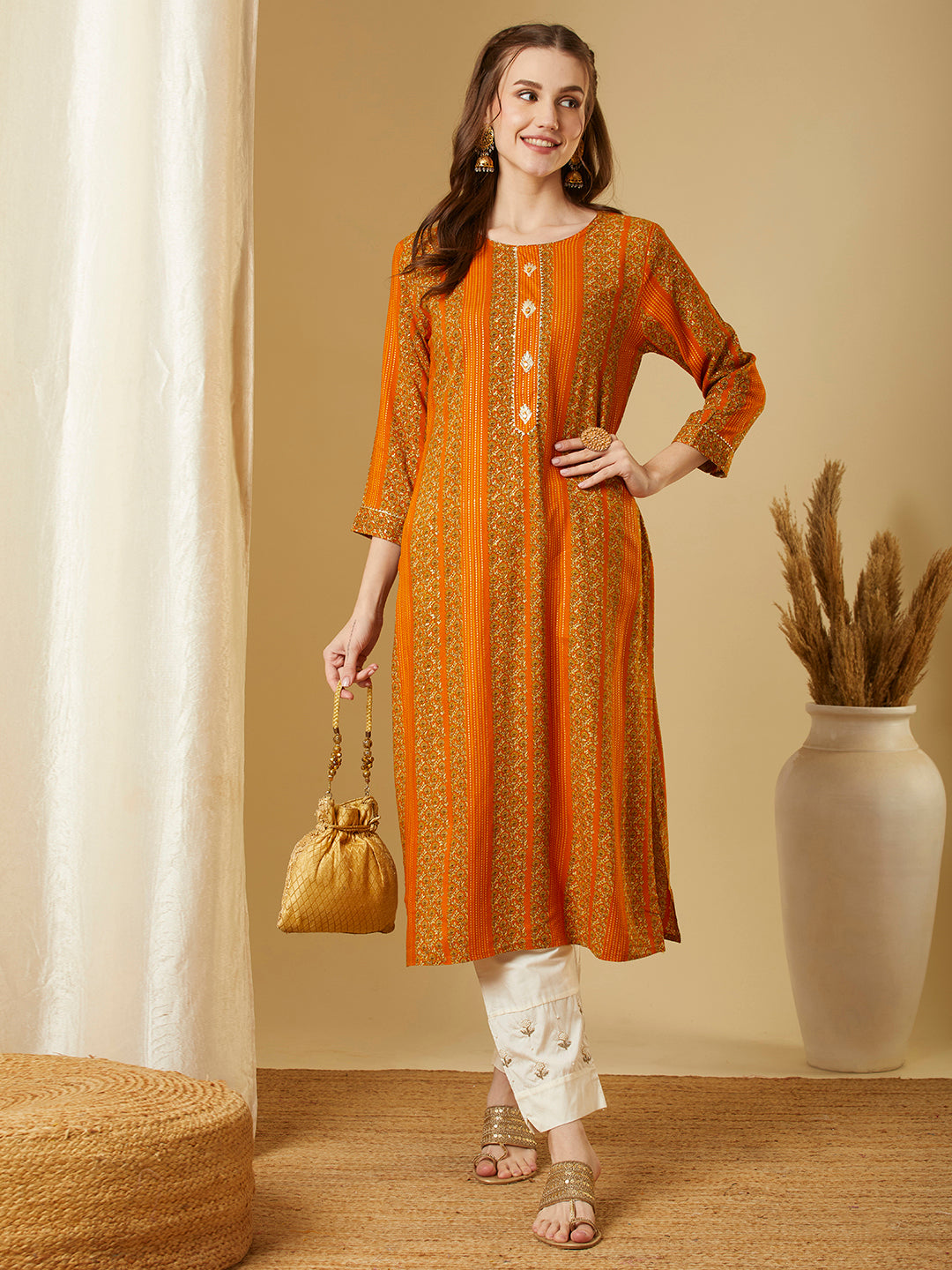 Ethnic Floral Printed Straight Fit Kurta - Mustard