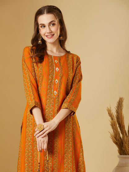 Ethnic Floral Printed Straight Fit Kurta - Mustard