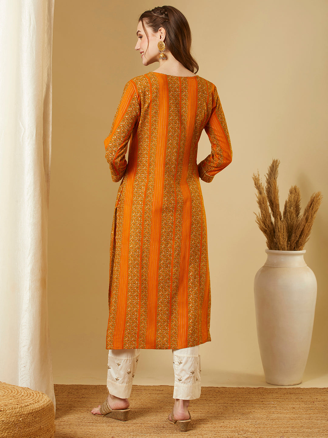 Ethnic Floral Printed Straight Fit Kurta - Mustard