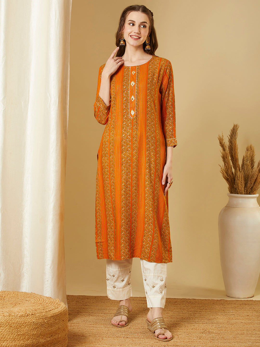 Ethnic Floral Printed Straight Fit Kurta - Mustard