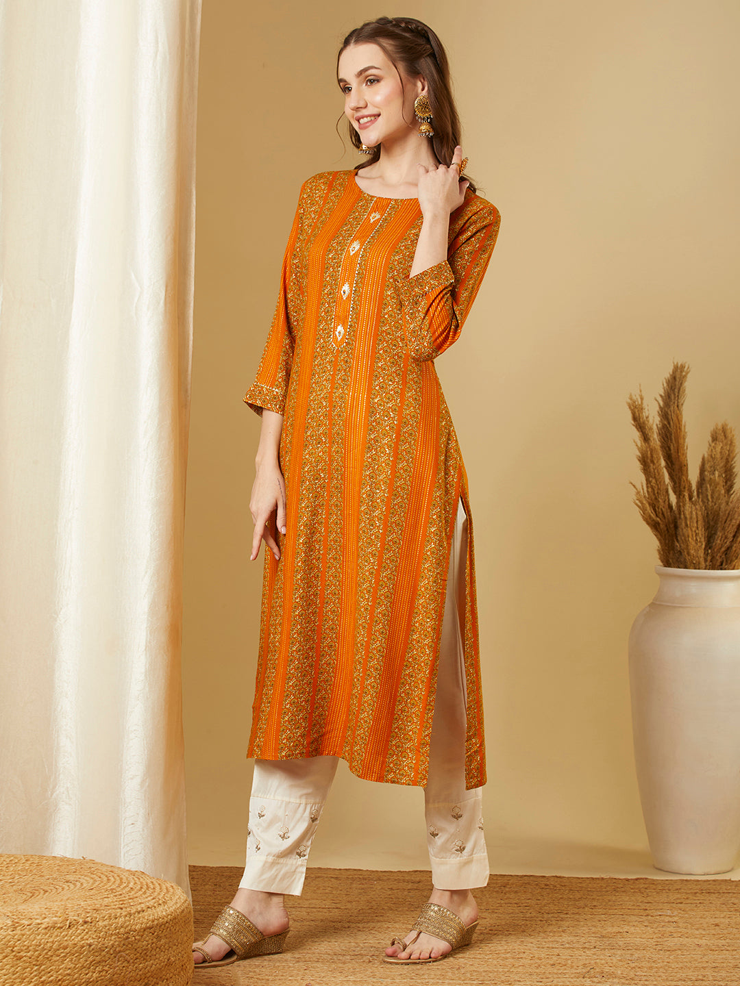 Ethnic Floral Printed Straight Fit Kurta - Mustard