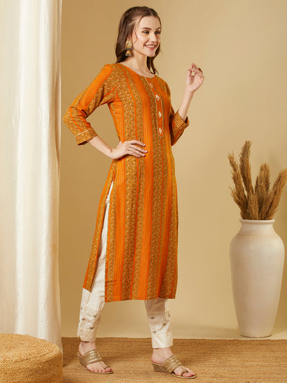 Ethnic Floral Printed Straight Fit Kurta - Mustard