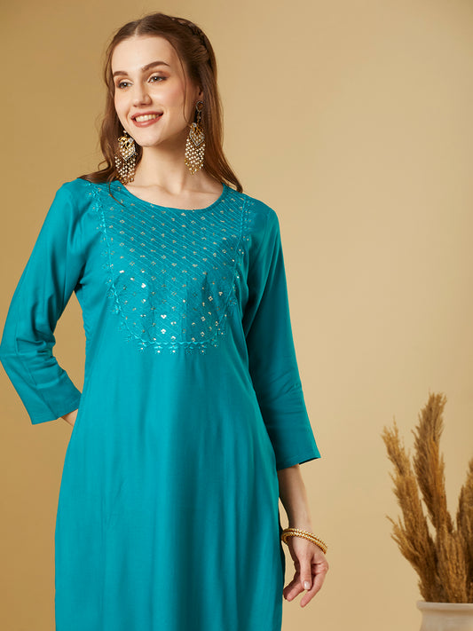 Solid Sequin Embroidered Straight Fit Kurta - Turquoise Blue