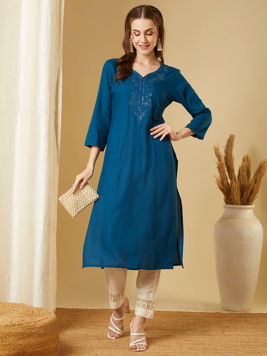 Solid Sequin Embroidered Straight Fit Kurta - Teal Blue