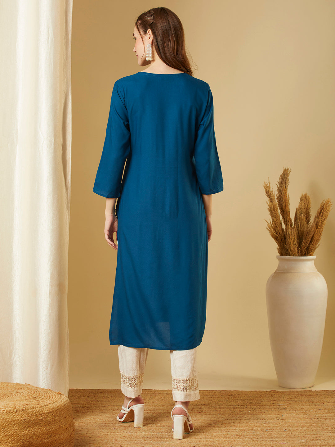 Solid Sequin Embroidered Straight Fit Kurta - Teal Blue