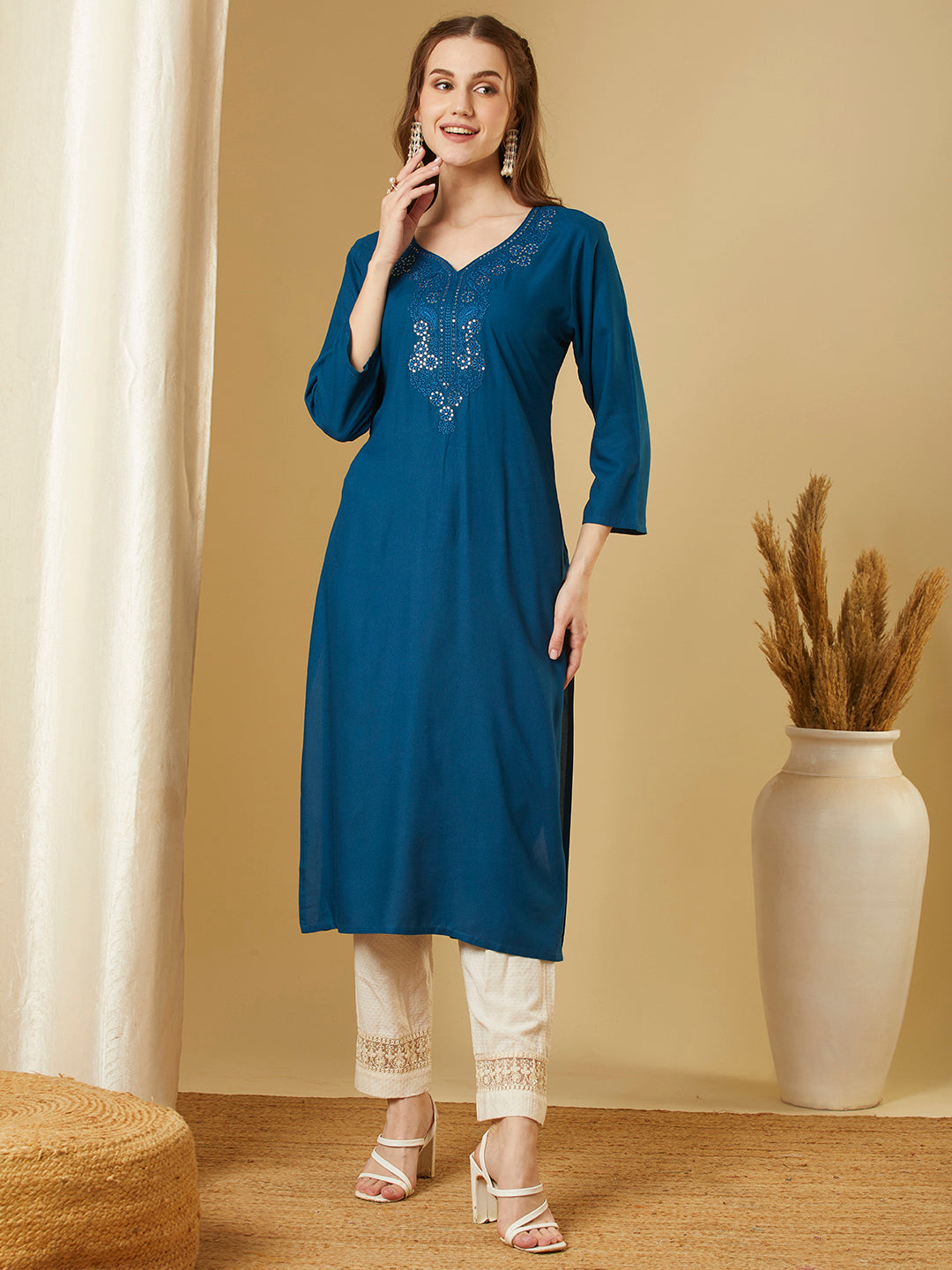 Solid Sequin Embroidered Straight Fit Kurta - Teal Blue