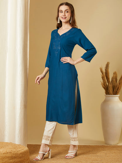 Solid Sequin Embroidered Straight Fit Kurta - Teal Blue