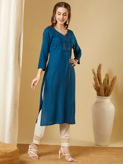 Solid Sequin Embroidered Straight Fit Kurta - Teal Blue