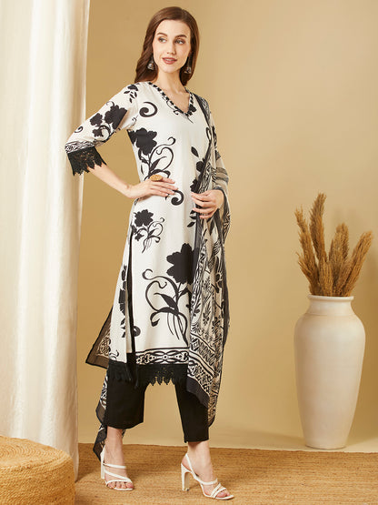 Abstract Floral Printed Straight Kurta with Pant & Pure Cotton Dupatta - White