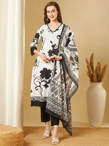 Abstract Floral Printed Straight Kurta with Pant & Pure Cotton Dupatta - White