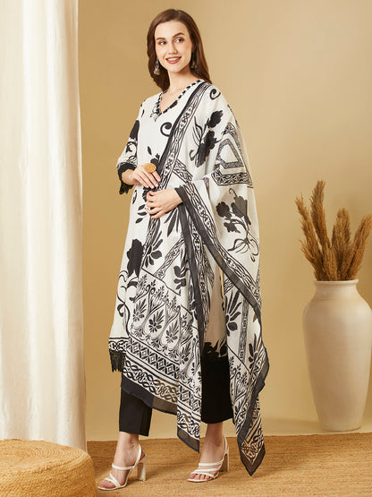 Abstract Floral Printed Straight Kurta with Pant & Pure Cotton Dupatta - White