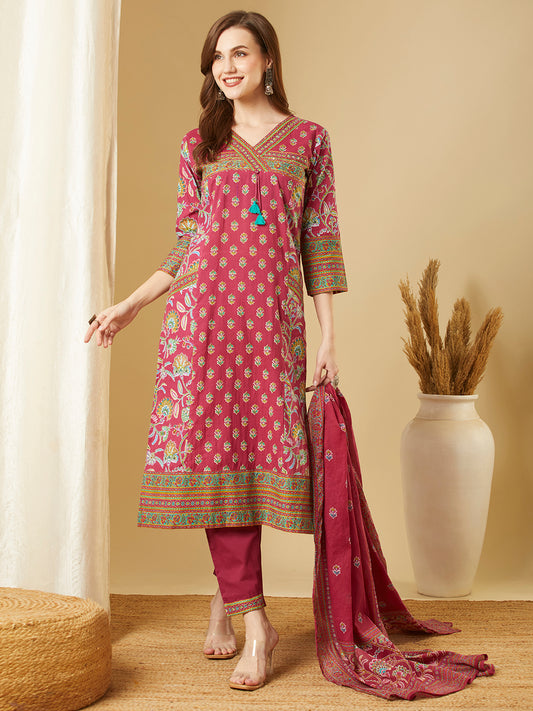 Ethnic Floral Printed Embroidered Straight Fit Kurta with Pant and Dupatta - Purple