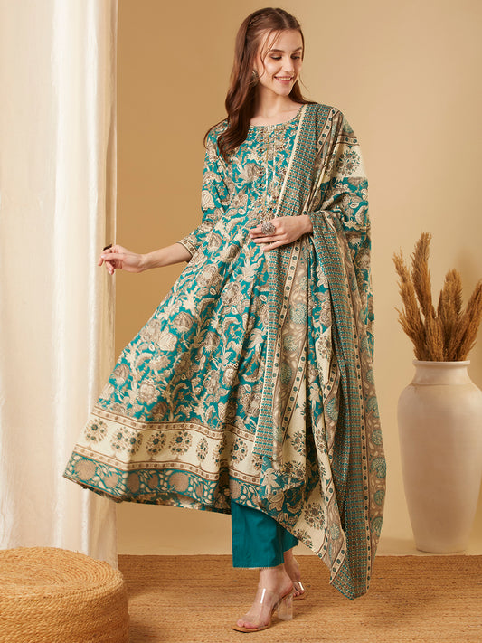 Ethnic Floral Printed & Embroidered Anarkali Kurta with Pant & Dupatta - Green