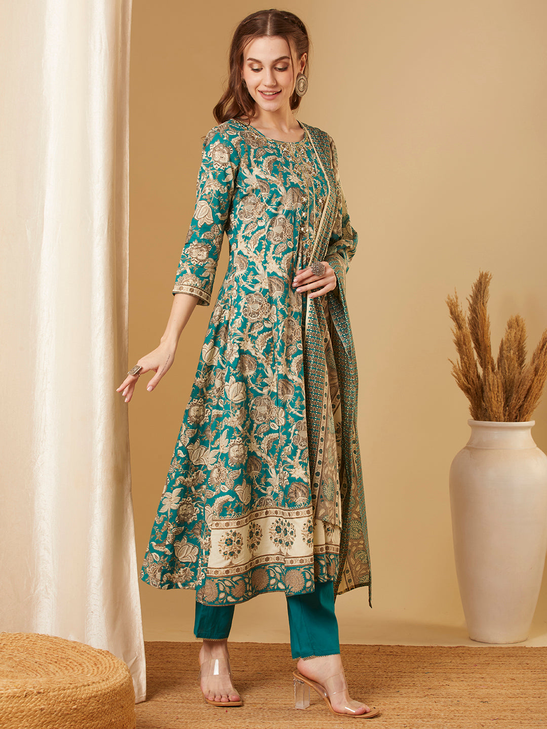 Ethnic Floral Printed & Embroidered Anarkali Kurta with Pant & Dupatta - Green