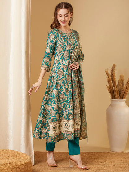 Ethnic Floral Printed & Embroidered Anarkali Kurta with Pant & Dupatta - Green