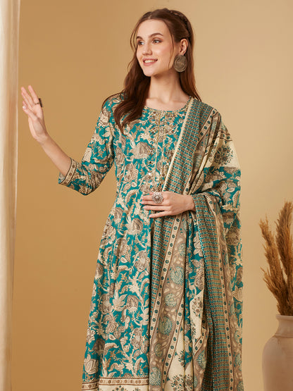 Ethnic Floral Printed & Embroidered Anarkali Kurta with Pant & Dupatta - Green