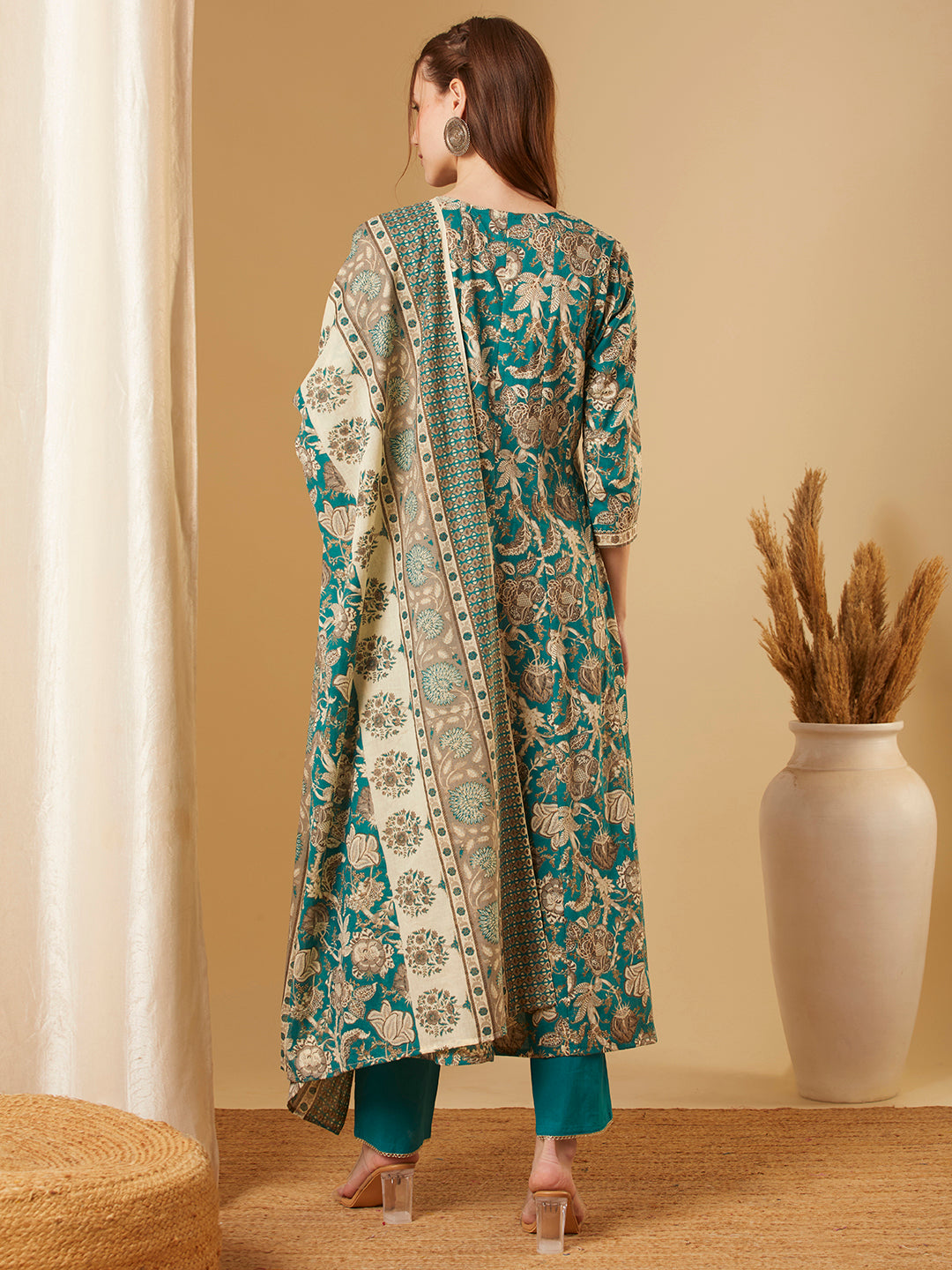 Ethnic Floral Printed & Embroidered Anarkali Kurta with Pant & Dupatta - Green