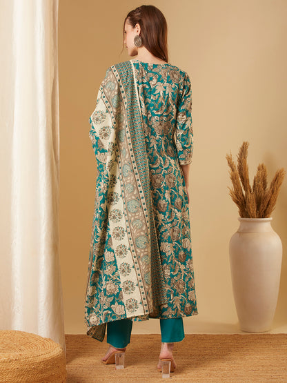 Ethnic Floral Printed & Embroidered Anarkali Kurta with Pant & Dupatta - Green