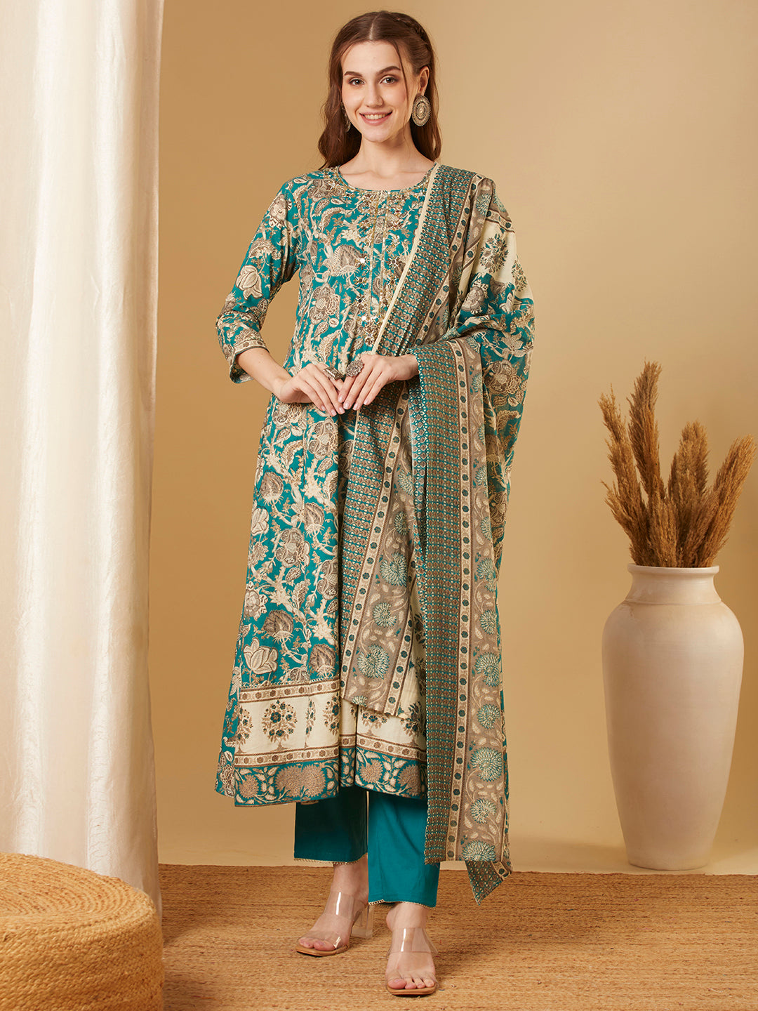 Ethnic Floral Printed & Embroidered Anarkali Kurta with Pant & Dupatta - Green