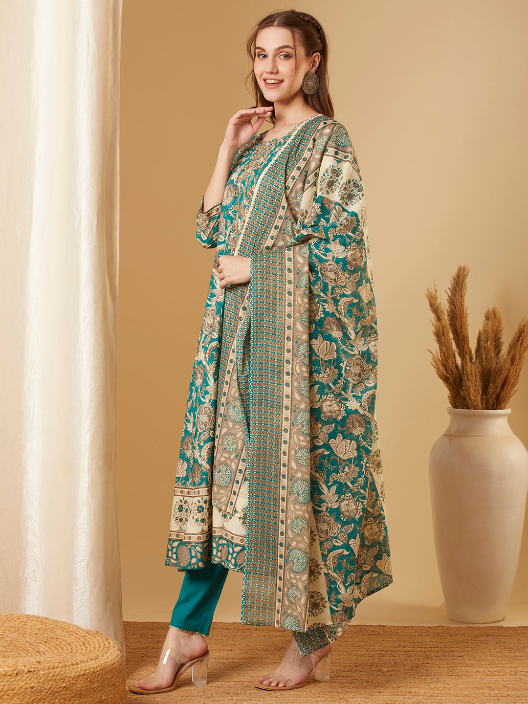 Ethnic Floral Printed & Embroidered Anarkali Kurta with Pant & Dupatta - Green