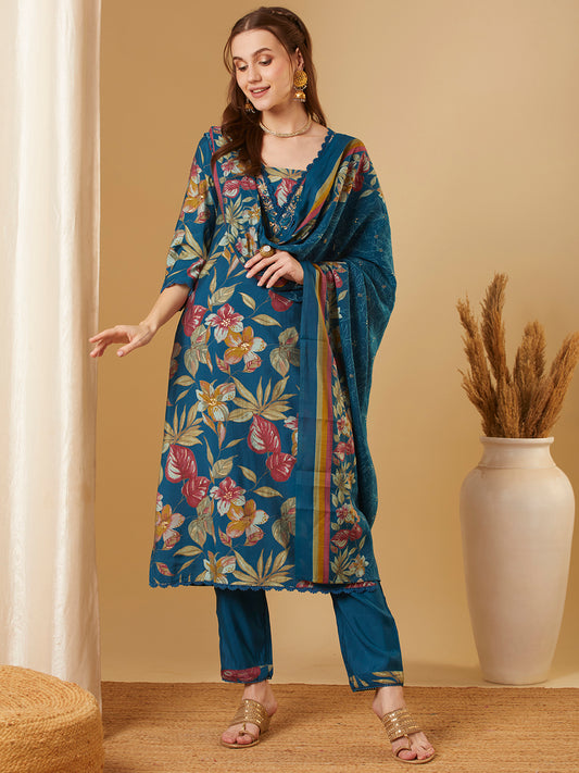 Floral Printed & Embroidered Straight Kurta with Pant & Dupatta - Teal Blue