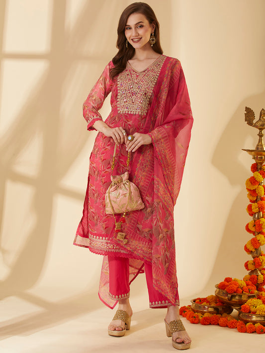 Floral Printed & Embroidered Straight Fit Kurta with Pant & Dupatta - Pink