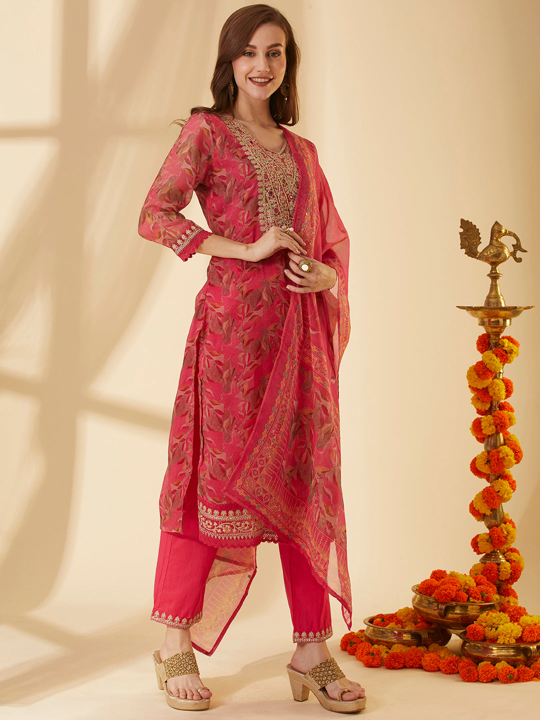 Floral Printed & Embroidered Straight Fit Kurta with Pant & Dupatta - Pink