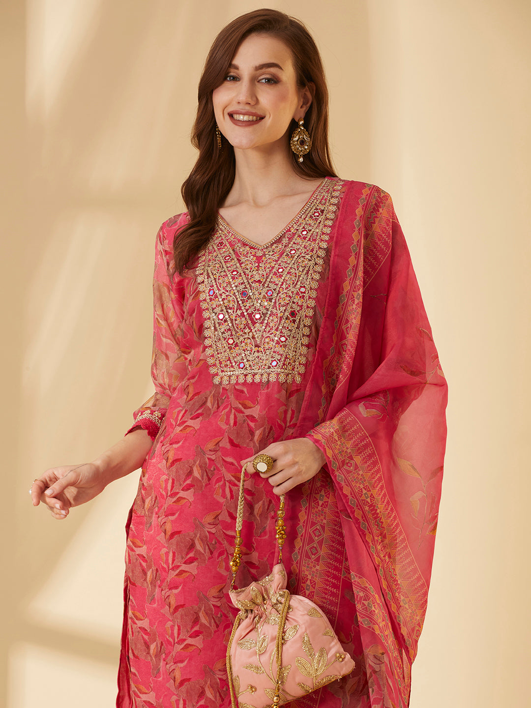 Floral Printed & Embroidered Straight Fit Kurta with Pant & Dupatta - Pink