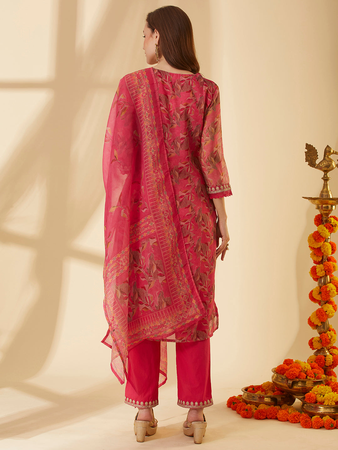 Floral Printed & Embroidered Straight Fit Kurta with Pant & Dupatta - Pink