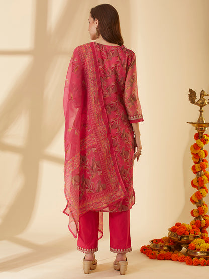 Floral Printed & Embroidered Straight Fit Kurta with Pant & Dupatta - Pink