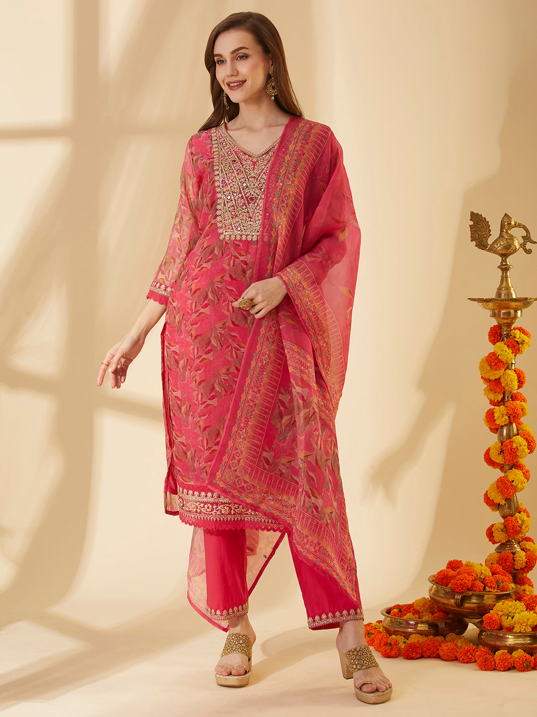 Floral Printed & Embroidered Straight Fit Kurta with Pant & Dupatta - Pink