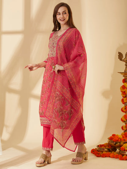 Floral Printed & Embroidered Straight Fit Kurta with Pant & Dupatta - Pink